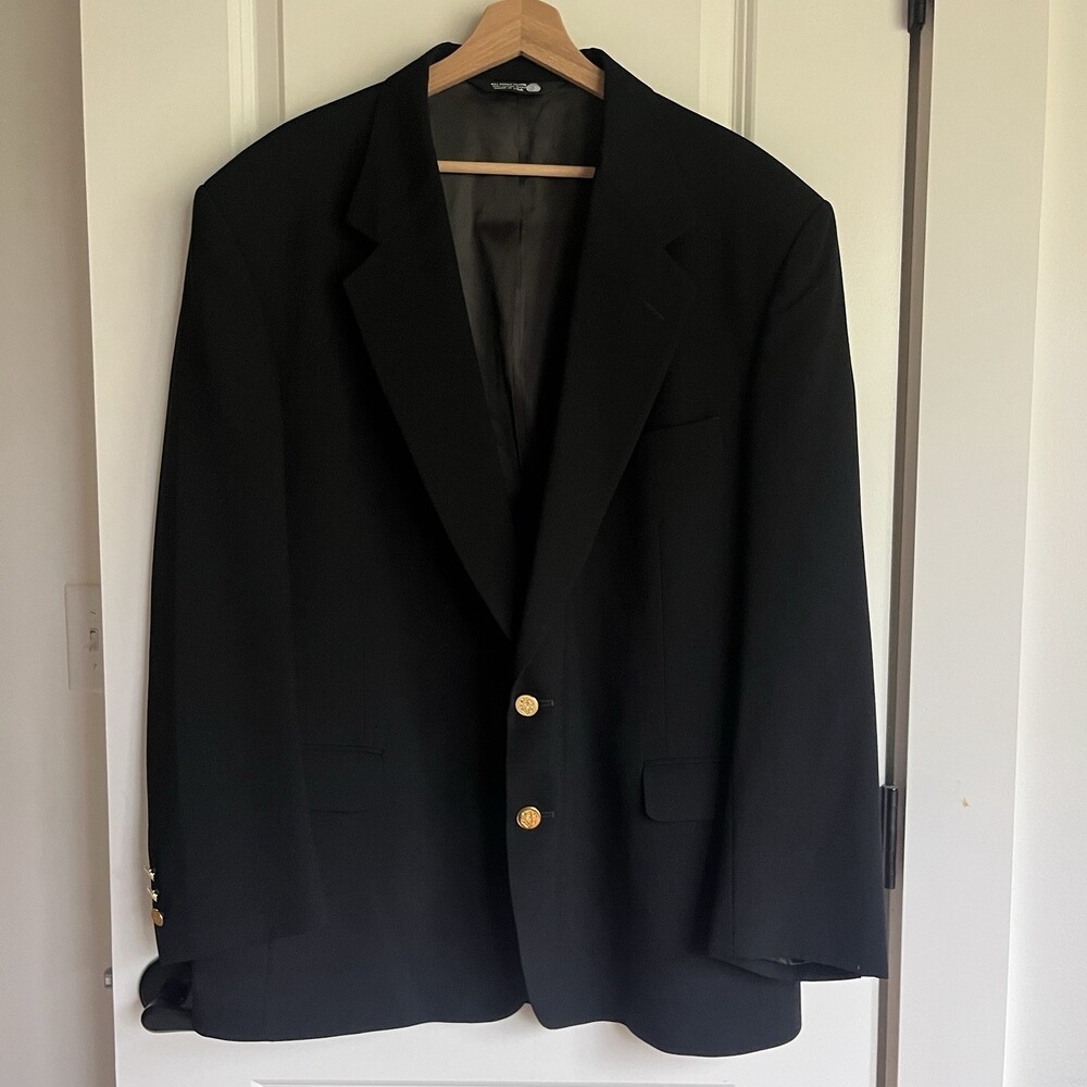 VTG John Alexander Hartmarx Blazer Mens 46R Black Wool Gold Button USA EXC